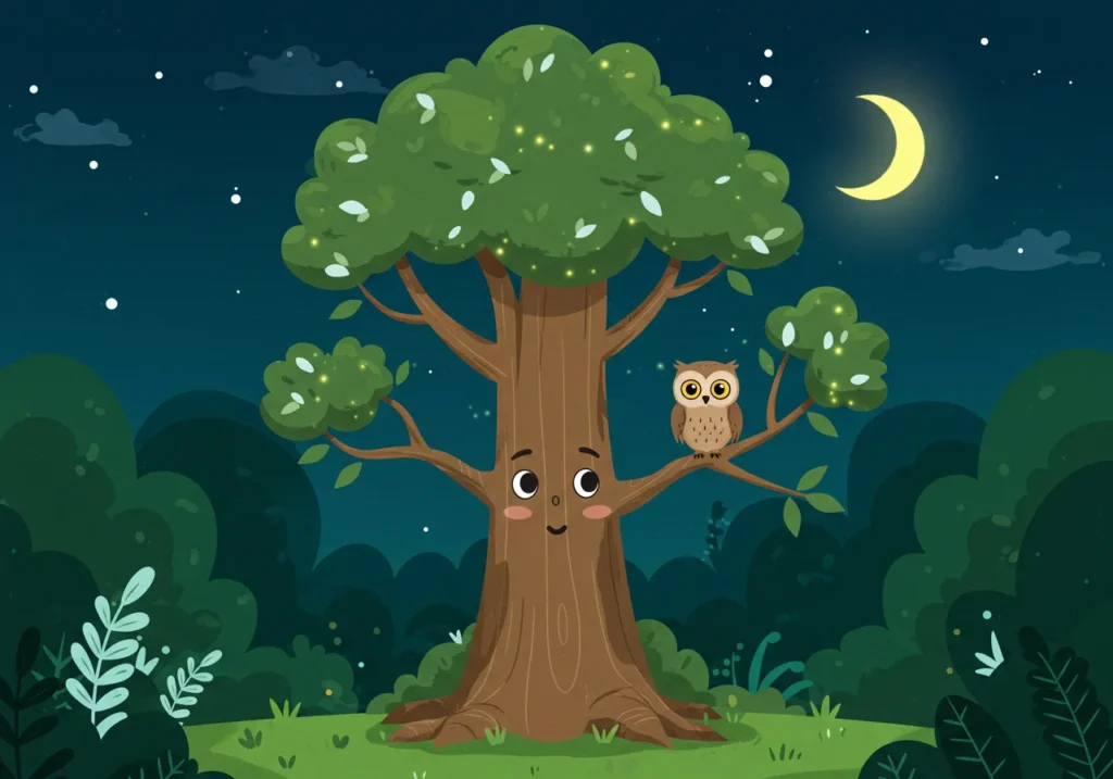 Ilustração de A Árvore que Contava Histórias com Sussurra, uma árvore sorridente, e Luninha, a coruja, em uma floresta à noite, sob a lua crescente.