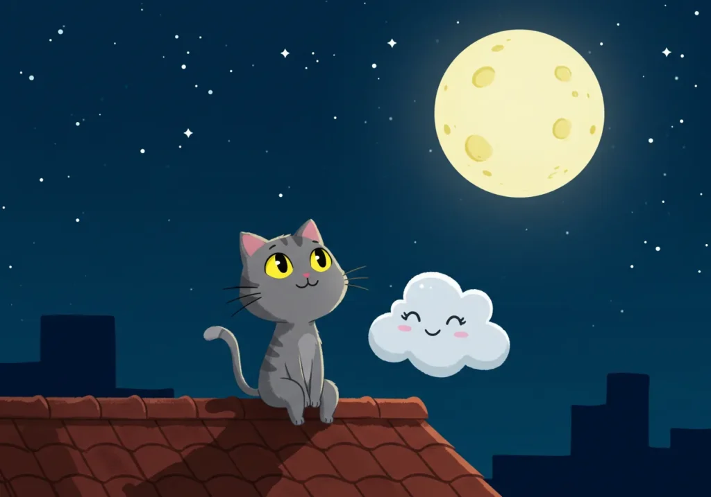 Ilustração da História Infantil: O Gato e a Lua Cheia com Luno no telhado, olhando a lua cheia, ao lado da nuvem Nuvita.