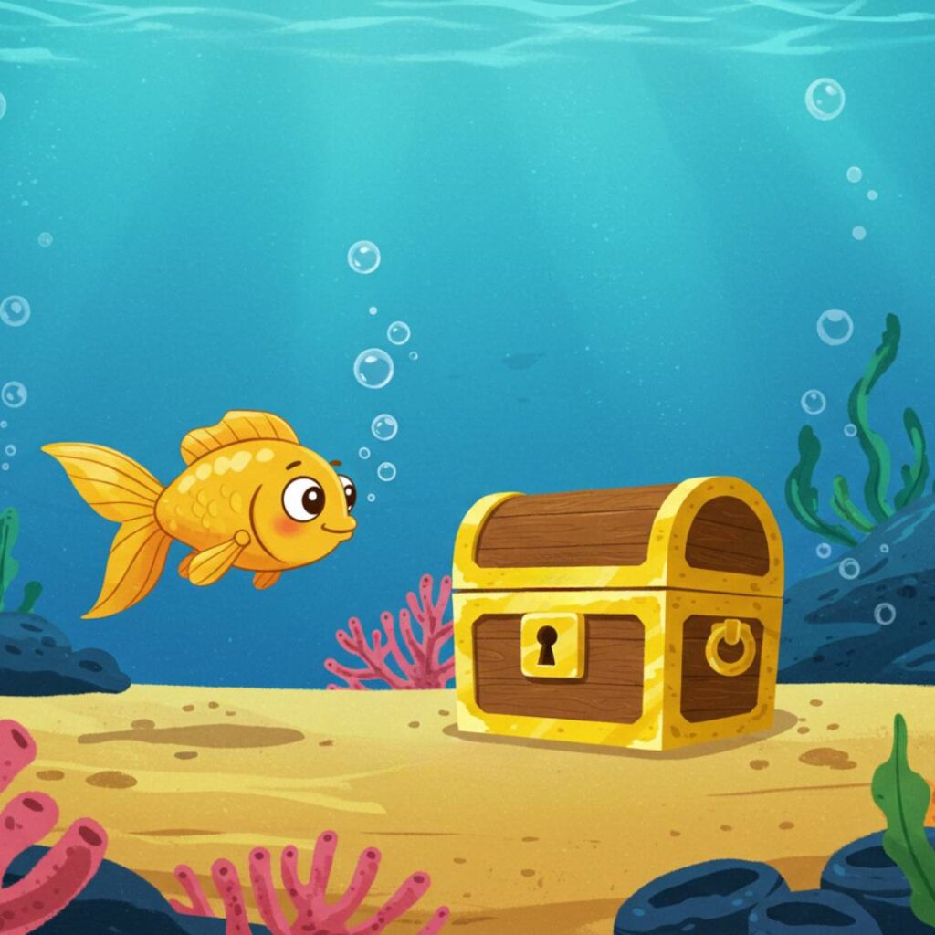 Ilustração de O Peixinho e o Tesouro Escondido com Bubi, um peixinho dourado, nadando ao lado de um baú fechado no fundo do mar, com corais rosa e bolhas.