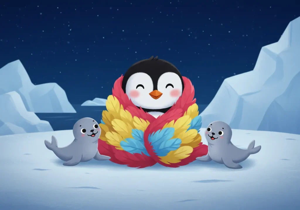 Ilustração de O Pinguim que Não Gostava de Frio com Pipoca envolto em um cobertor de penas coloridas, ao lado de duas focas, no Polo Sul à noite.