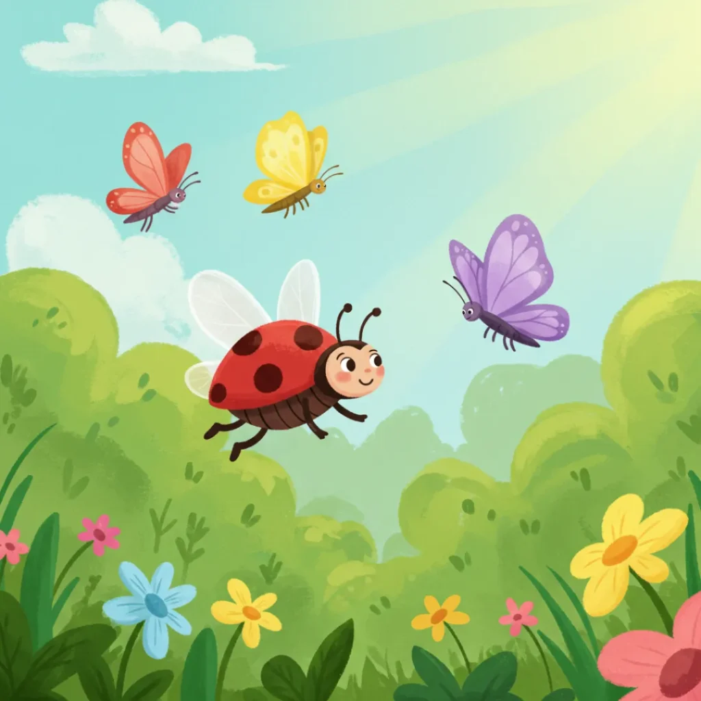 Ilustração colorida de 'A Joaninha Sonolenta' mostrando uma joaninha vermelha com manchas pretas e asas brancas abertas, voando em um céu azul claro com nuvens brancas fofas e raios de sol. A joaninha tem uma expressão sonolenta, com olhos semicerrados e um leve sorriso. Ao seu redor, voam três borboletas vibrantes nas cores vermelha, amarela e roxa, todas com expressões amigáveis. O fundo apresenta arbustos verdes, folhagens densas e flores coloridas em tons de azul, amarelo e rosa, com uma grande flor rosa à direita, criando uma atmosfera tranquila e natural.