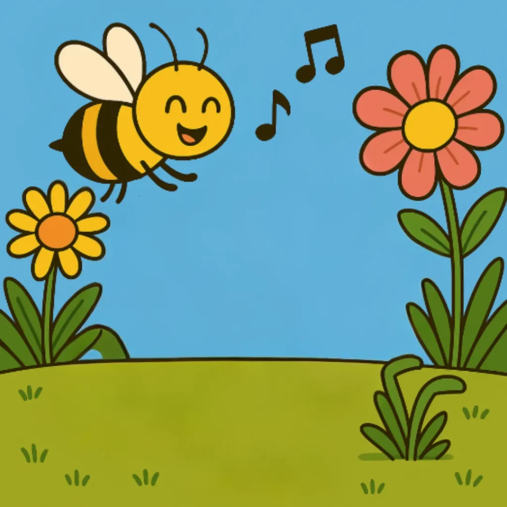 Uma ilustração alegre de A Abelha que Fazia Música em uma história infantil curta, com uma abelhinha sorridente voando entre flores coloridas, cantando com notas musicais ao redor.