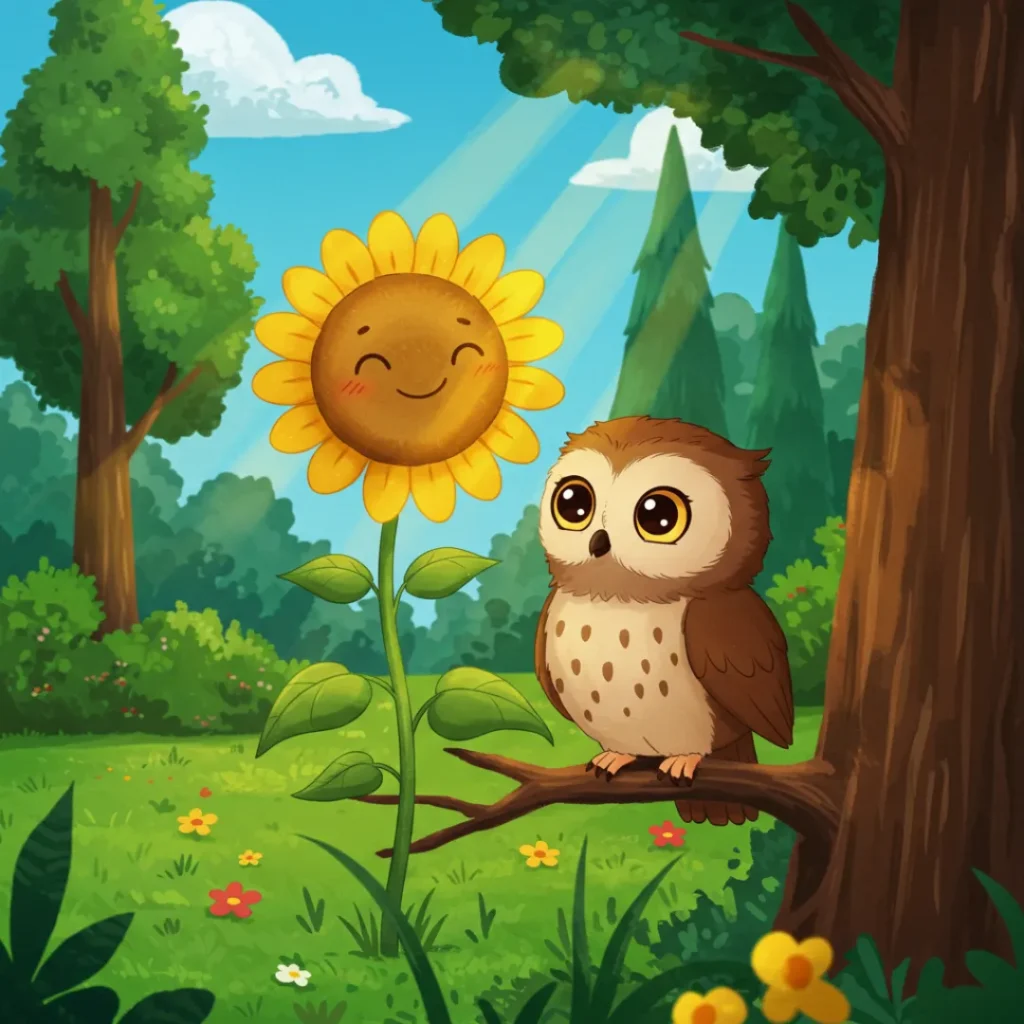 Ilustração vibrante em desenho animado 2D de A Coruja que Amava o Sol, uma história infantil curta, mostrando uma corujinha marrom com olhos grandes, pousada em um galho ao lado de um girassol sorridente com pétalas douradas, em uma clareira ensolarada com grama verde, árvores altas, flores coloridas e um céu azul com nuvens fofas.