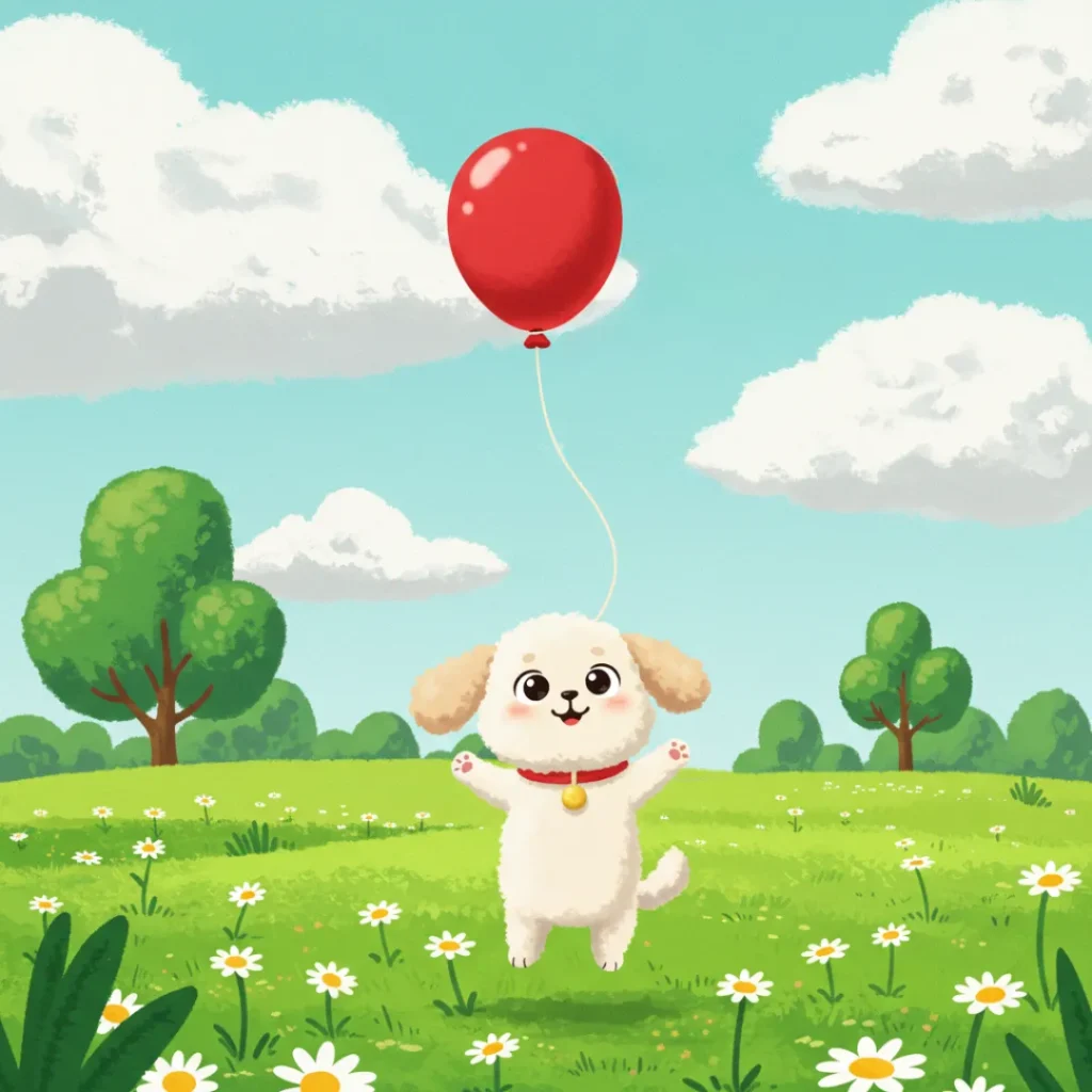 Ilustração colorida em desenho animado 2D de O Cachorro que Sonhava com as Nuvens, uma história infantil curta, mostrando um cãozinho branco com olhos grandes e coleira vermelha, pulando feliz em um campo verde com margaridas, segurando um balão vermelho, sob um céu azul com nuvens fofas e árvores ao fundo.
