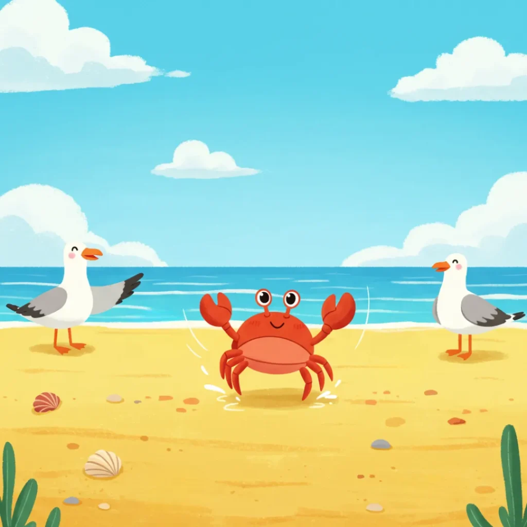 Ilustração simples em desenho animado 2D de O Caranguejo que Dançava com as Ondas, uma história infantil curta, mostrando um caranguejo vermelho-laranja alegre chamado Caju com olhos grandes e redondos, dançando em uma praia ensolarada com areia dourada e ondas gentis, cercado por duas gaivotas sorridentes com penas brancas e bicos alaranjados, sob um céu azul claro com nuvens brancas fofas.