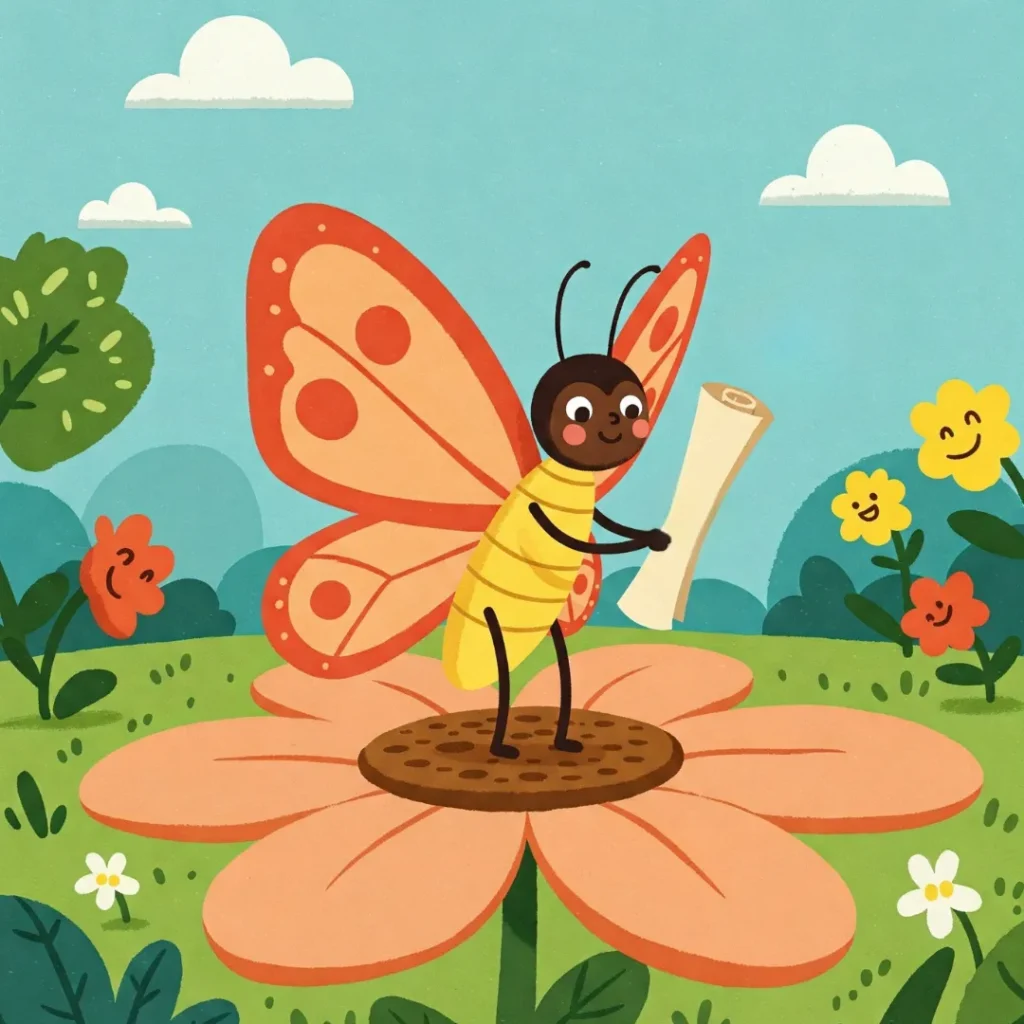 Ilustração de A Borboleta que Escrevia Cartas, uma história infantil curta, com Lila segurando uma carta numa flor, cercada por flores felizes.