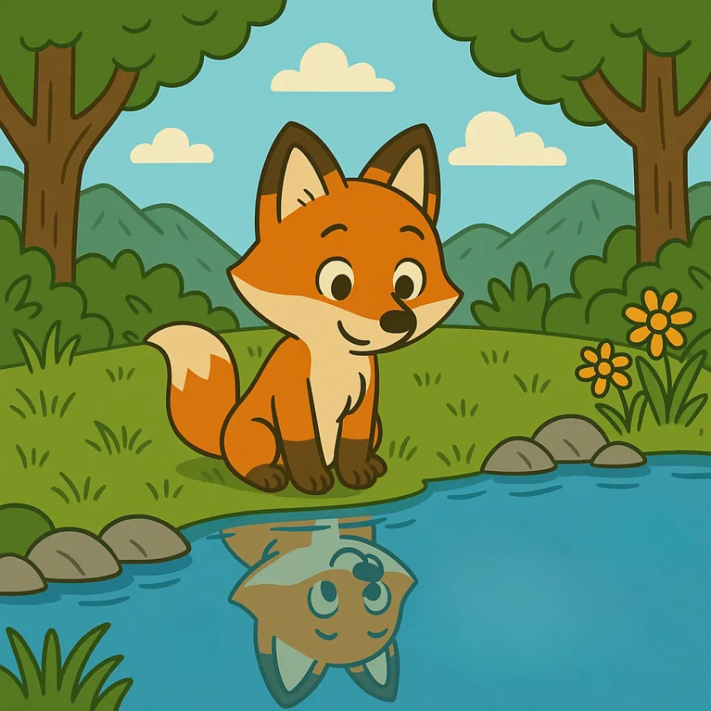 Uma ilustração fofa de A Raposa e o Espelho do Lago, uma história infantil curta, mostra Luna vendo seu reflexo no lago, em uma floresta mágica!
