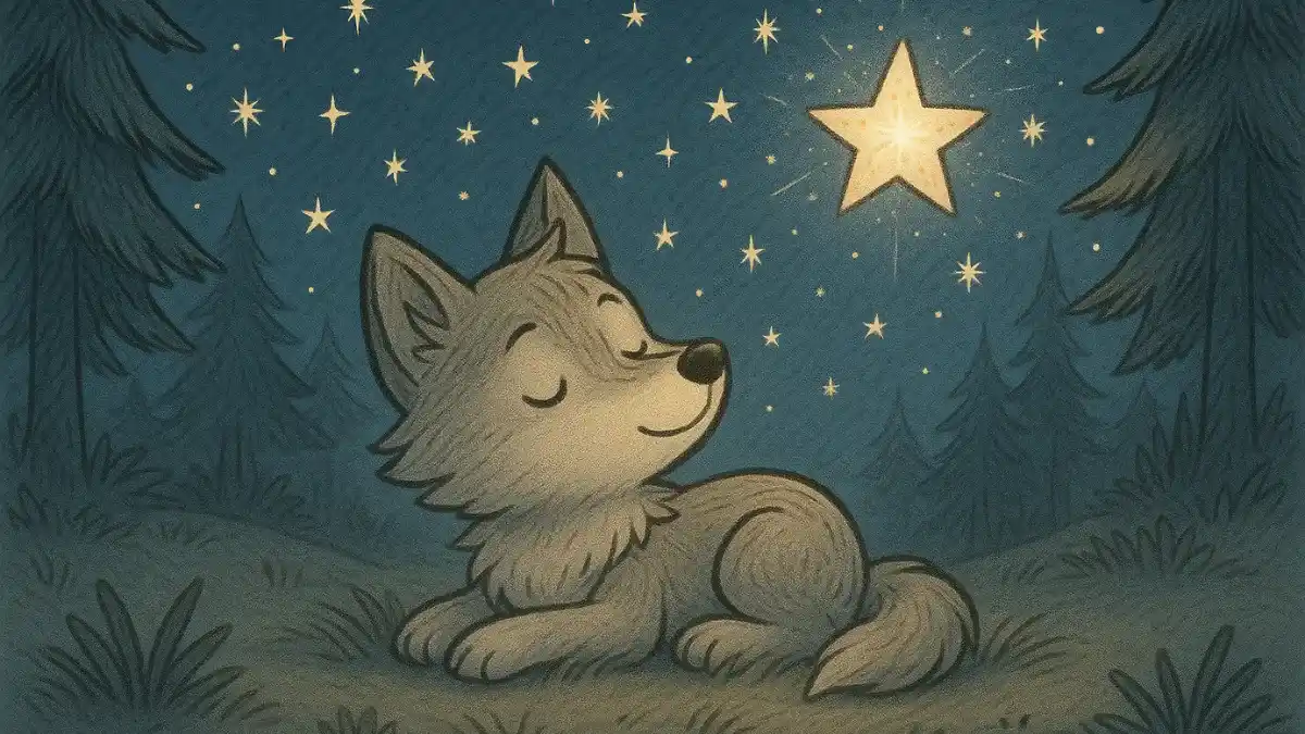 Ilustração de O Lobo que Contava Estrelas, mostrando o lobinho Lua deitado sobre a grama macia em uma floresta de pinheiros. Ele olha para o céu noturno cheio de estrelas brilhantes, com uma estrela particularmente radiante chamada Estrela Dourada contando uma história. Cena encantadora de uma história infantil curta.