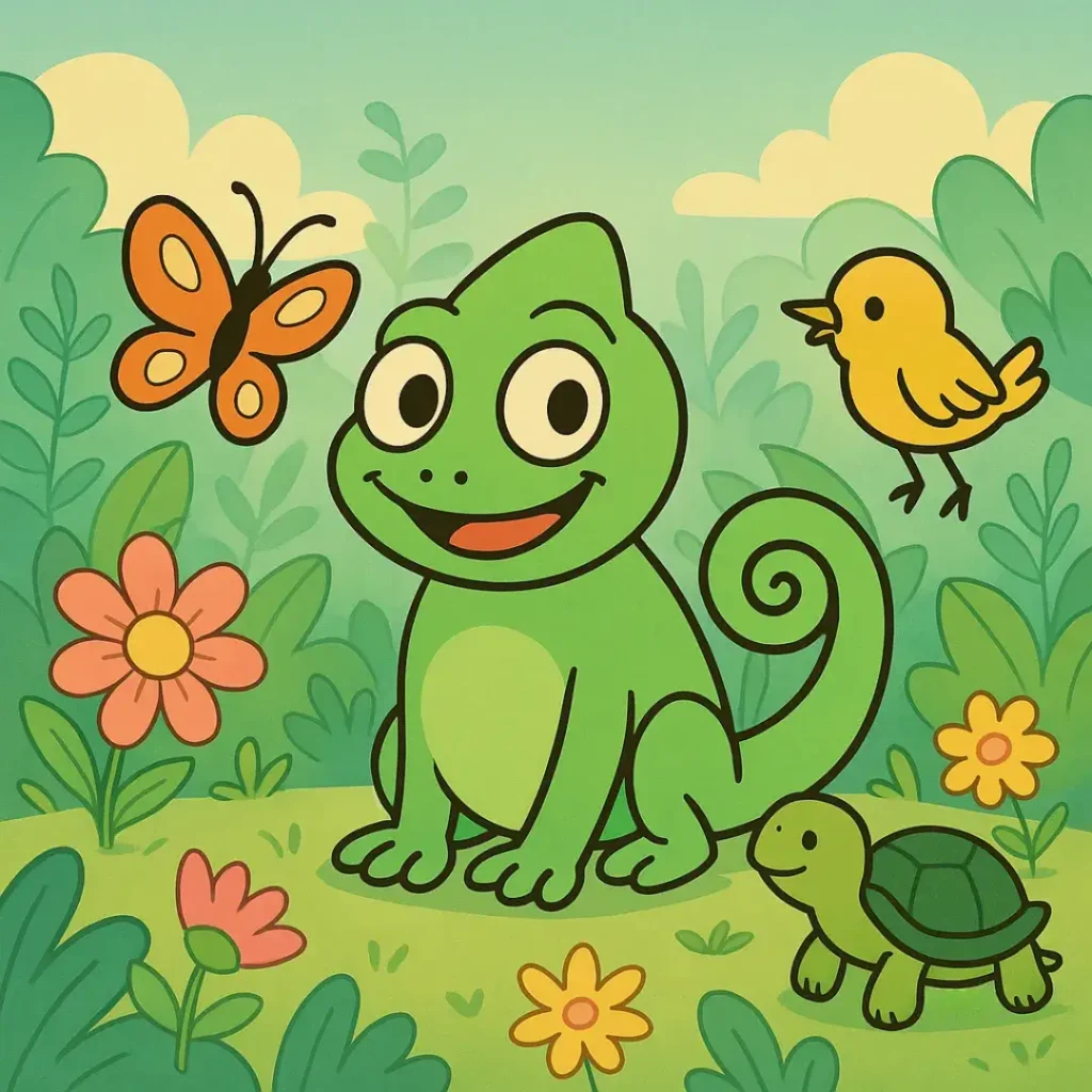Uma ilustração alegre de O Camaleão que Perdeu Suas Cores, uma história infantil curta, mostra um camaleão verde sorrindo na floresta com uma borboleta, um passarinho e uma tartaruga.