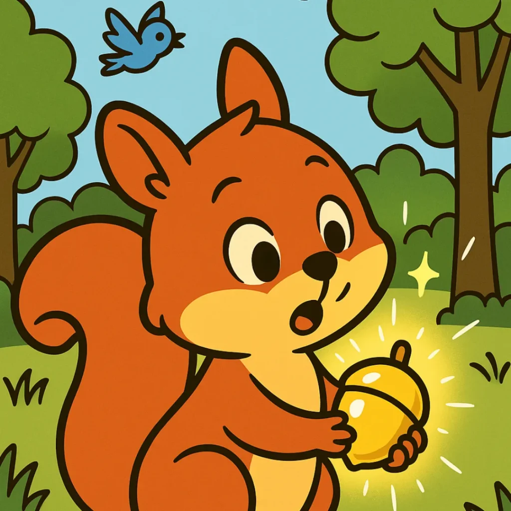 Uma ilustração fofa de O Esquilo e a Semente Mágica, uma história infantil curta sobre paciência, mostra um esquilo com uma semente dourada brilhante na floresta.