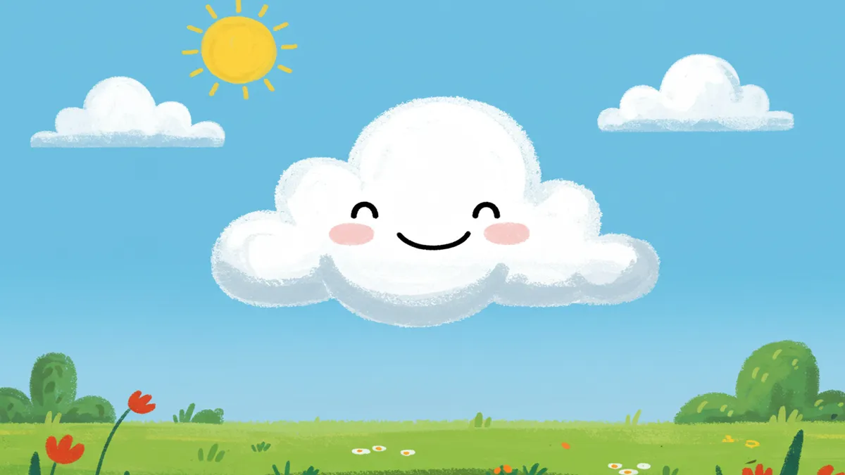 A imagem mostra uma nuvem sorridente flutuando no céu azul, com um sol e outras nuvens fofinhas ao fundo. Essa é a Nuvem que Queria Ser Algodão, uma História Infantil Educativa que conta a aventura de uma nuvenzinha que descobre a alegria de ser ela mesma, trazendo chuva e ventos para as crianças lá embaixo!
