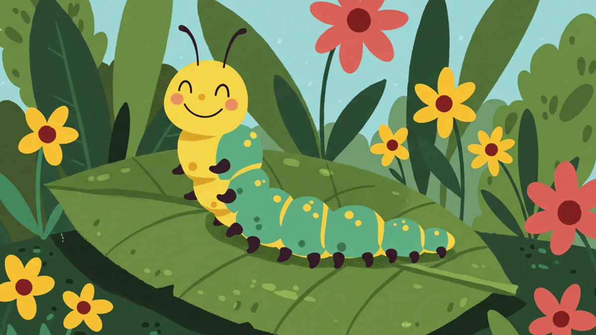 Uma lagarta sorridente, de corpo verde com manchas amarelas, repousa tranquilamente sobre uma grande folha verde em um jardim colorido. Ao seu redor, flores amarelas e vermelhas se destacam entre folhas verdes vibrantes, criando uma cena alegre e serena. A imagem reflete a essência de A Lagarta que Não Tinha Pressa, uma história infantil educativa que celebra a calma e a apreciação do caminho, com tons vivos e um clima acolhedor.