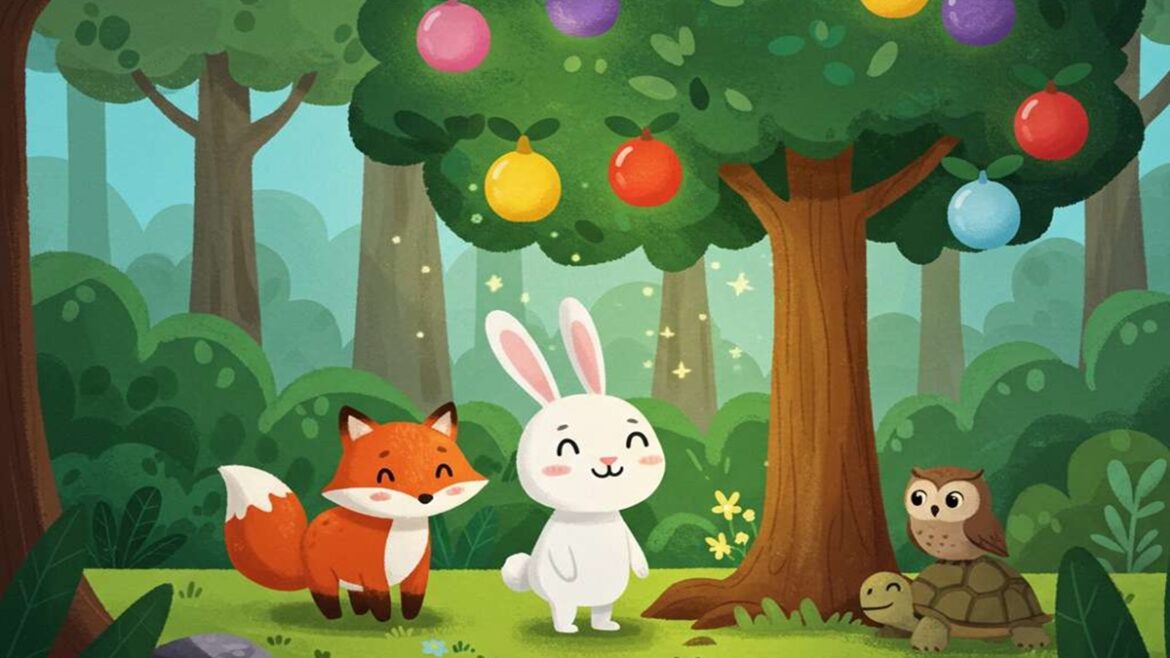 Ilustração colorida da história O Pequeno Coelho e a Floresta Encantada, mostrando um coelhinho branco sorridente ao lado de uma raposa, uma coruja e uma tartaruga sob uma árvore mágica com frutas coloridas, em meio a uma floresta encantada e cheia de natureza.