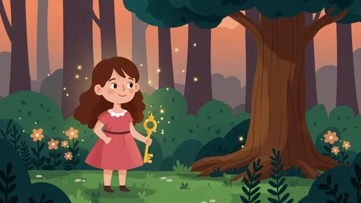 Uma menina de vestido rosa, chamada Clara, está em uma floresta encantada ao entardecer, segurando uma chave dourada que brilha com luz mágica. Ao seu redor, árvores altas e escuras contrastam com flores alaranjadas e pequenas luzes faiscantes que flutuam no ar. Uma árvore gigante domina a cena, com raízes expostas e galhos que se estendem ao céu alaranjado. A imagem captura o momento de descoberta e coragem da História de Criança para Dormir: A Jornada do Valente Coração, com tons quentes e uma atmosfera serena.