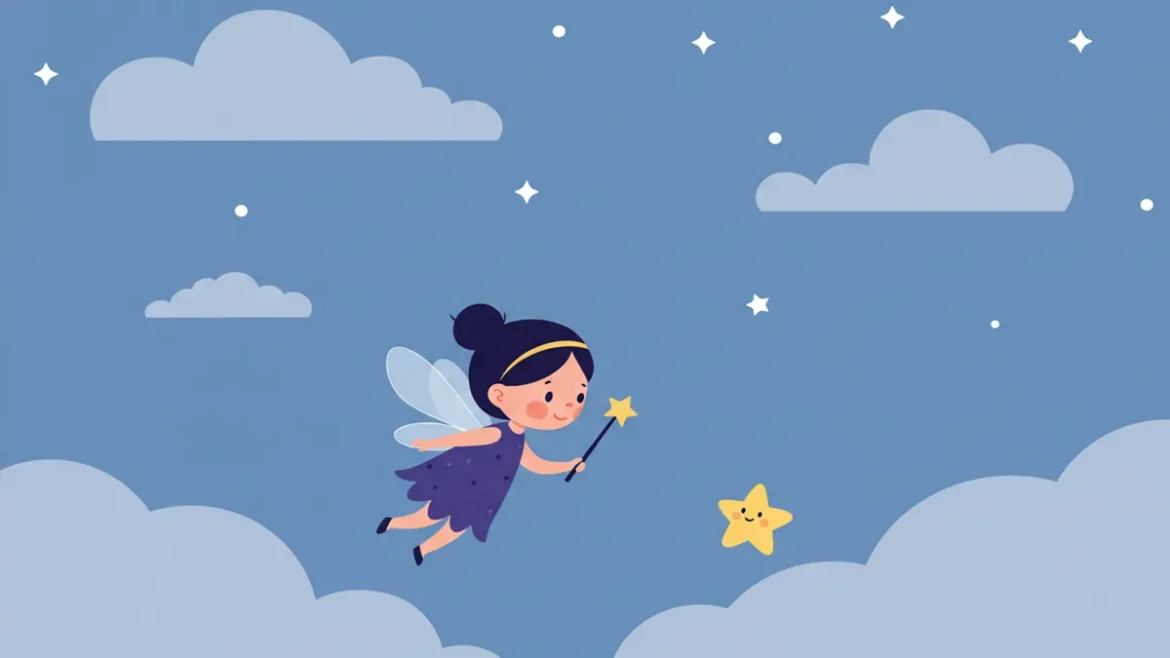 A fada Lili, com asas brilhantes e uma varinha de luar, paira num céu estrelado ao lado de uma estrelinha tímida que emite uma luz suave. Elas estão sobre uma casinha aconchegante, onde um bebê dorme tranquilo num berço, com um sorriso sereno. A luz da estrelinha entra pela janela, criando um brilho mágico no quarto, enquanto Lili espalha um pozinho reluzente. A cena transmite paz e carinho, perfeita pra ilustrar História para Bebê Dormir: A Fada Lili e a Estrelinha Mágica.
