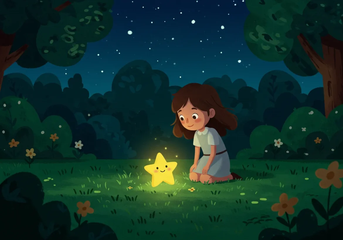 Ilustração de A Estrela que Caiu no Quintal com Clara ajoelhada na grama, olhando uma estrelinha brilhante, sob um céu estrelado.