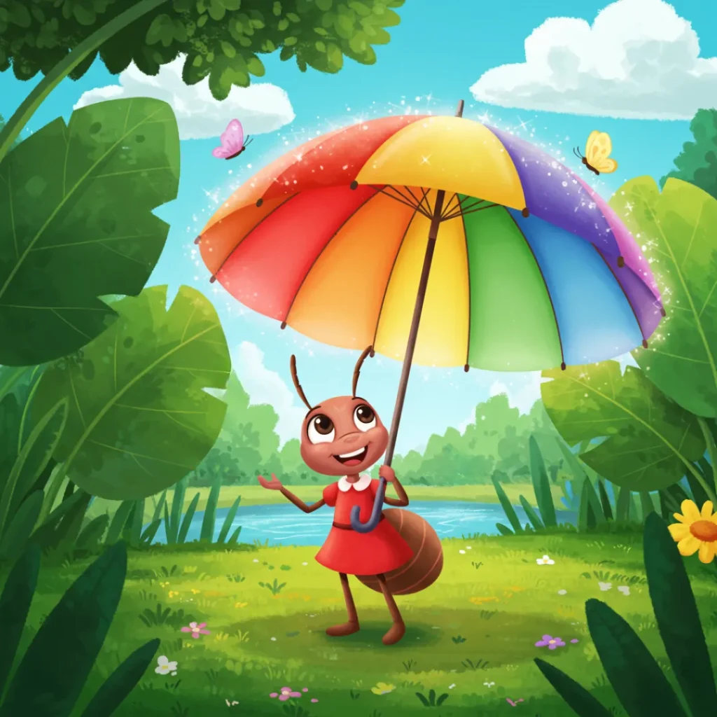 Formiga Mimi com guarda-chuva colorido em A Formiga e o Guarda-Chuva Mágico, uma das Histórias Infantis Curtas, em um jardim.