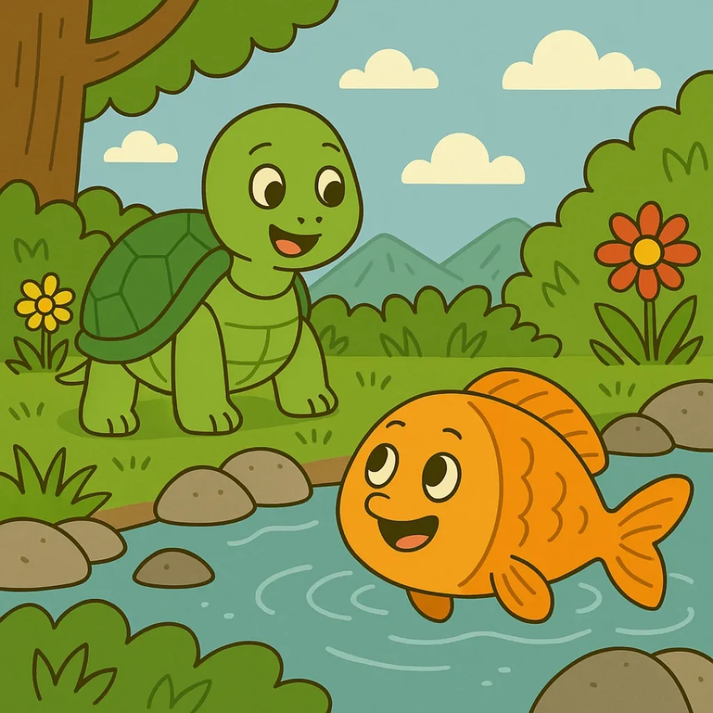 Uma ilustração fofa de O Peixe que Queria Andar na Terra, um conto infantil curto, mostra Beto e Tina na floresta, prontos pra uma história infantil curta.