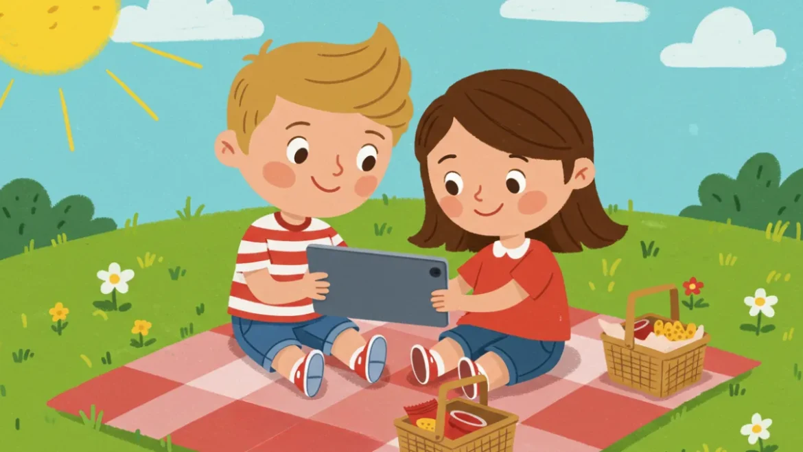 Imagem de uma História Infantil mostrando dois amigos, um menino de camisa listrada e uma menina de vestido vermelho, usando um tablet em um piquenique ao ar livre. Eles estão sentados em uma toalha xadrez vermelha sobre a grama verde, cercados por flores e cestos de piquenique, sob um céu azul com sol brilhante e nuvens fofas. Uma Historinha Infantil encantadora que inspira imaginação e amizade.