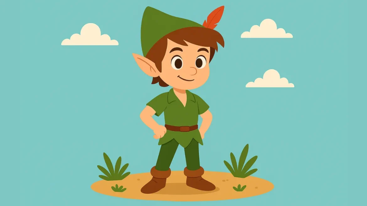 Ilustração de Peter Pan em estilo cartoon, com roupas verdes e chapéu de pena, representando a História do Peter Pan Resumida. O personagem está confiante em um cenário mágico da Terra do Nunca, capturando a essência da História do Peter Pan.