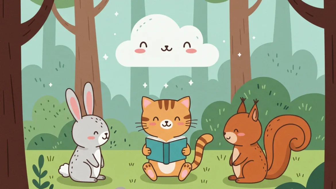 Ilustração encantadora de personagens de Histórias Infantis Educativas, com animais e crianças em um cenário mágico, inspirando aprendizado e diversão com historinhas infantis educativas.