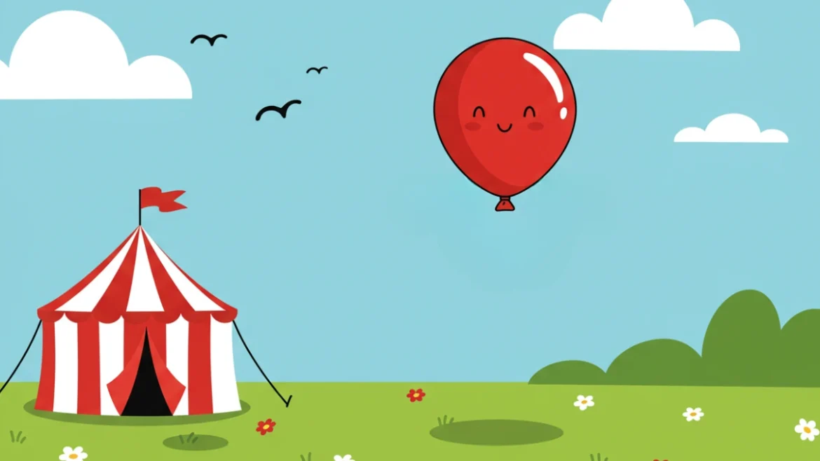 Um balão vermelho sorridente flutua feliz no céu azul, escapando de um circo com uma tenda listrada vermelha e branca. Abaixo, um campo verdejante com flores brancas e vermelhas se estende, enquanto pássaros voam ao fundo entre nuvens fofas. A cena captura o momento de O Balão que Fugiu do Circo, uma história infantil educativa que celebra a coragem e as grandes descobertas.