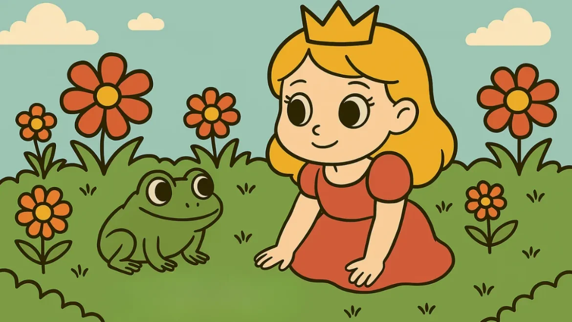 Ilustração do sapo e da princesa junto a um lago, representando a magia do conto clássico O Príncipe Sapo