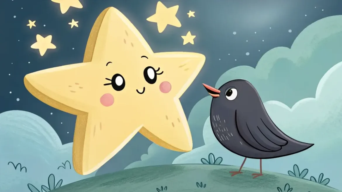 Lúmi, uma estrelinha pequena com luz fraquinha, está no céu escuro, cercada por nuvens fofas e estrelas brilhantes ao fundo. Ela olha com timidez para um cantinho escuro do céu, onde sua luz suave começa a brilhar, iluminando flores que brotam no chão. Um passarinho, Pipo, está pousado em uma flor, cantando feliz sob a luz de Lúmi. A cena é mágica e delicada, capturando o momento de A Estrela que Não Brilhava, uma história infantil curta, com tons suaves de azul, dourado e verde.