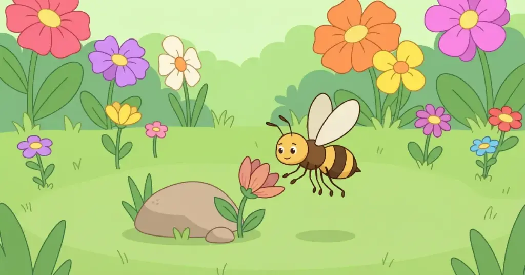 Histórias infantis a abelha e a flor esquecida, abelha ajudando pequena flor a florescer em jardim colorido cheio de outras flores