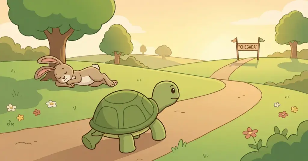 Fábulas infantis a tartaruga e a lebre, tartaruga caminhando firme enquanto lebre dorme durante corrida mostrando importância da persistência