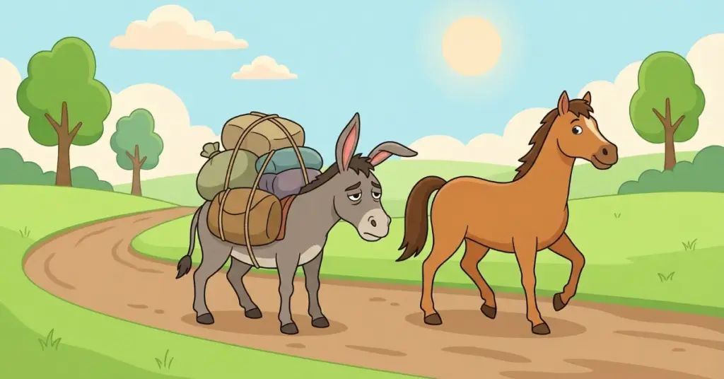 Histórias infantis o burro e o cavalo, burro carregando carga pesada caminha cansado enquanto cavalo segue leve na estrada