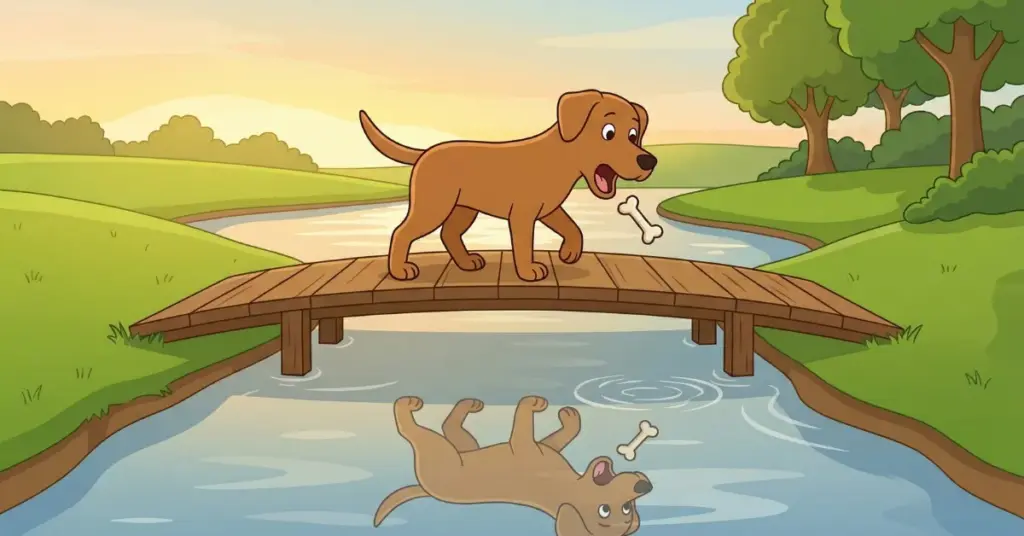 Fábulas infantis o cachorro e a sombra, cachorro atravessando ponte vê seu reflexo na água e perde comida por ganância aprendendo sobre contentamento