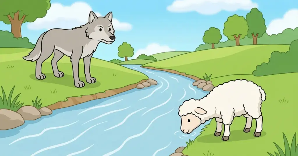 Fábulas infantis o lobo e o cordeiro, cordeiro bebendo água no riacho enquanto lobo observa acima pronto para acusar sem razão