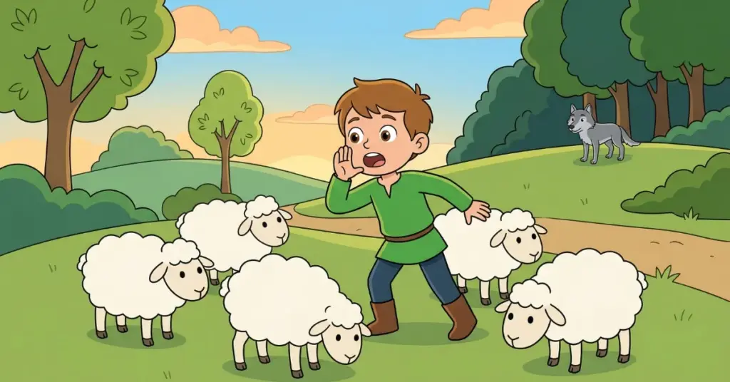 Histórias infantis o menino e o lobo, menino gritando com ovelhas no campo enquanto lobo aparece ao fundo mostrando perigo real