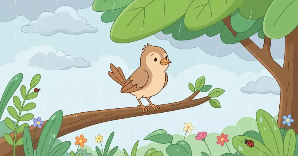 Fábulas infantis o pássaro e a chuva, pássaro pousado em galho observando chuva cair sobre jardim com flores e plantas