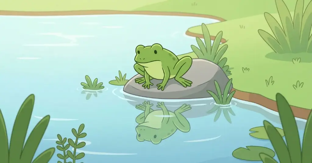 Histórias infantis o sapo e seu reflexo no lago, sapo olhando seu reflexo na água enquanto está sobre pedra perto da margem