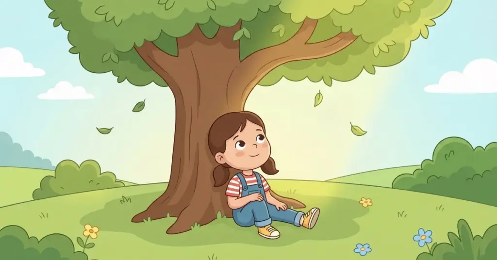 Histórias infantis a árvore que gostava de escutar, menina Sofia sentada sob árvore no parque conversando e encontrando calma na natureza