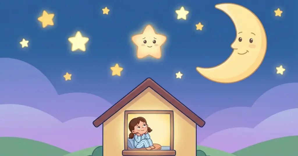 Histórias infantis a estrela que iluminava pouco, estrelinha Lumi brilhando no céu enquanto menina observa pela janela aprendendo sobre valor e autoconfiança