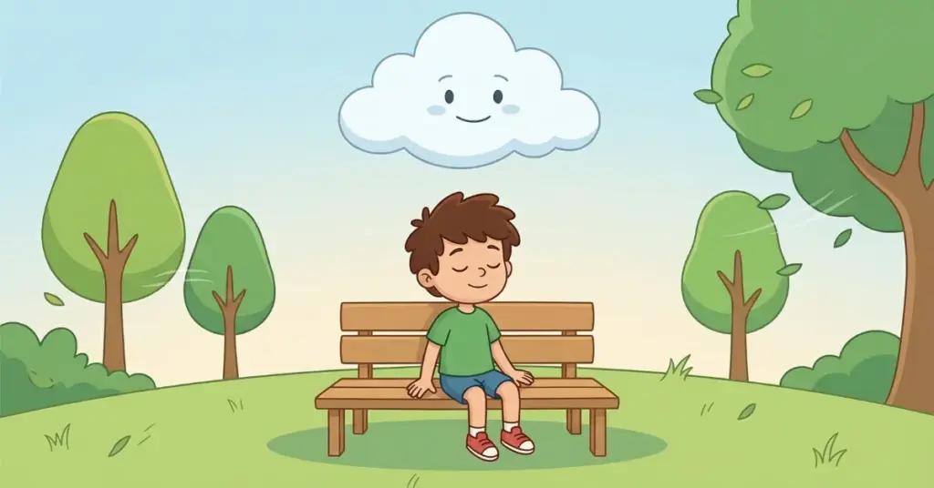 Histórias infantis a nuvem que acalmava, menino sentado em banco respirando com calma enquanto nuvem Brisa faz sombra no parque trazendo tranquilidade