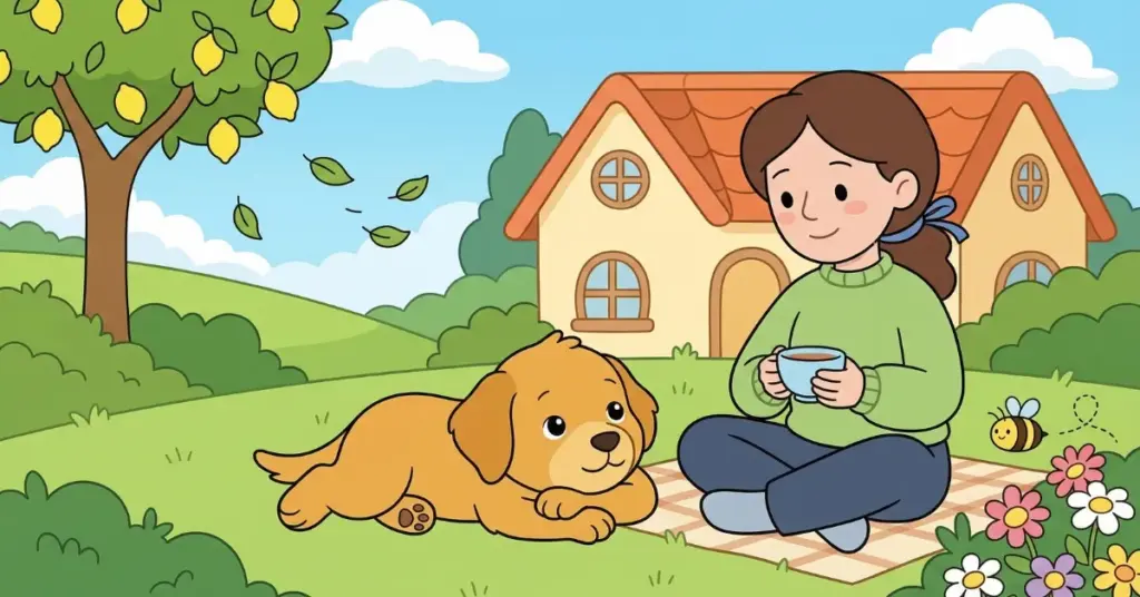 Histórias infantis o cachorrinho e o silêncio, cachorro Pipico deitado ao lado de sua dona Helena no jardim aprendendo a ouvir os sons da natureza com calma