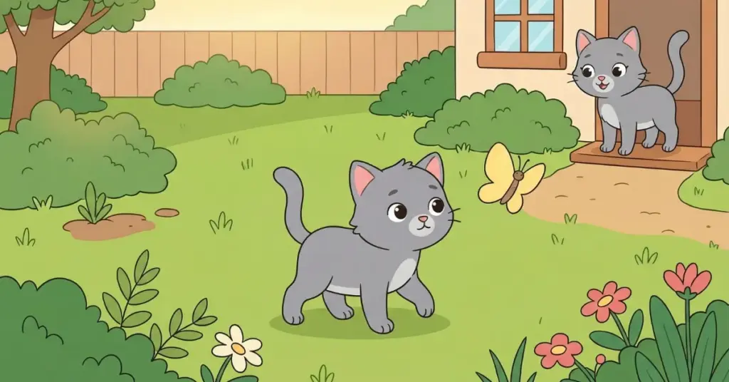Histórias infantis o gatinho que aprendeu a voltar, gatinho Nino seguindo borboleta no quintal enquanto sua mãe observa perto da porta de casa