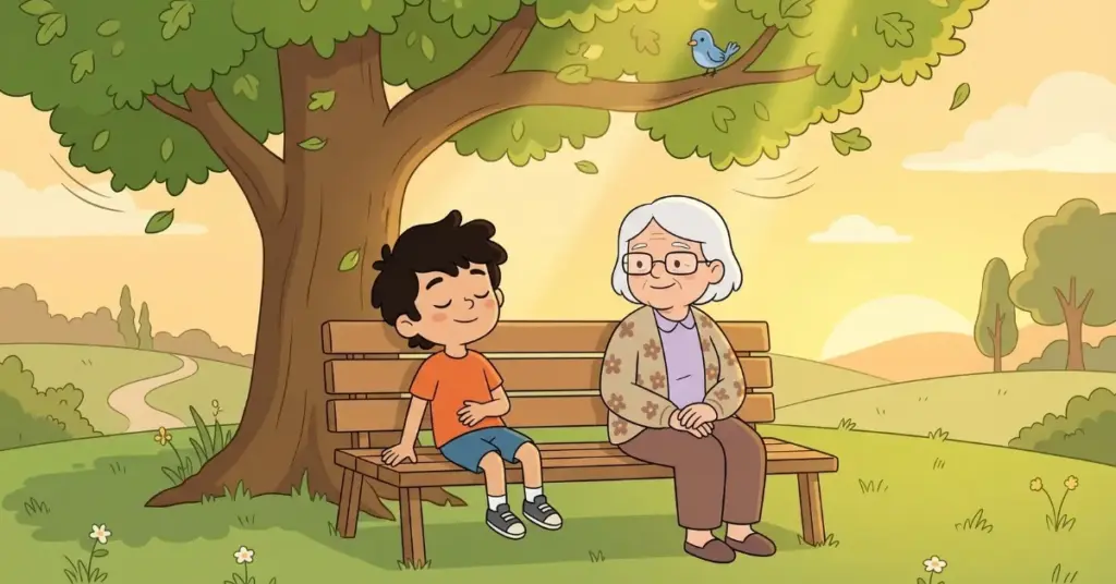 Histórias infantis o menino que descobriu o silêncio, menino João sentado com sua avó em banco no parque ouvindo o vento e encontrando calma na natureza