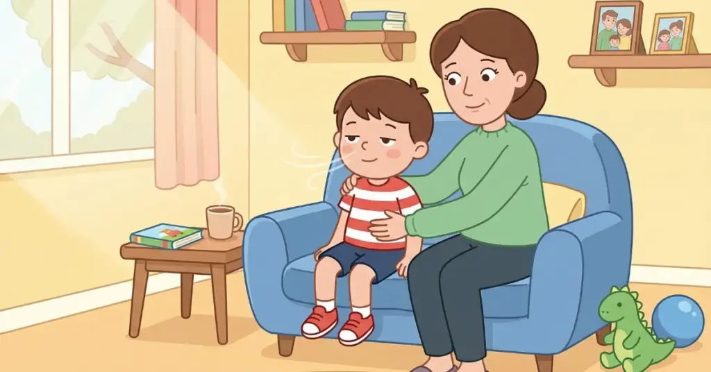 Histórias infantis o menino que respirava fundo, menino Lucas sentado no sofá com sua mãe aprendendo a respirar para se acalmar