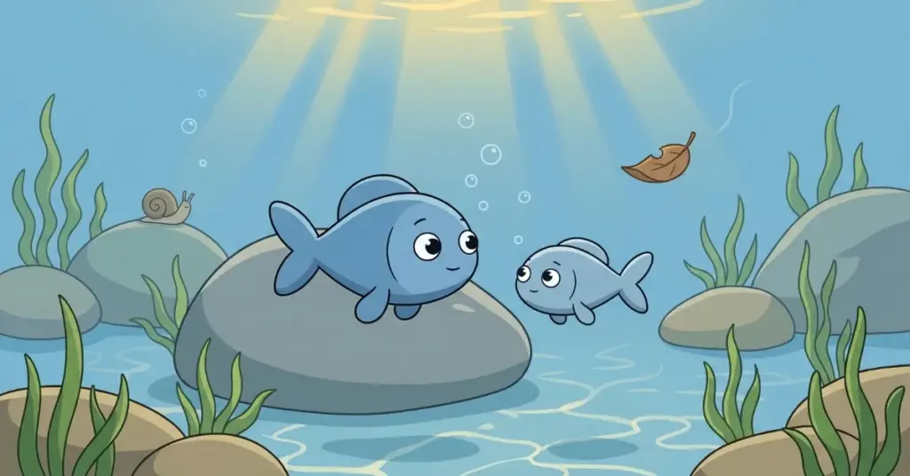 Histórias infantis o peixinho que observava, peixinho azul descansando entre pedras enquanto observa luz do sol, bolhas e natureza no fundo do rio