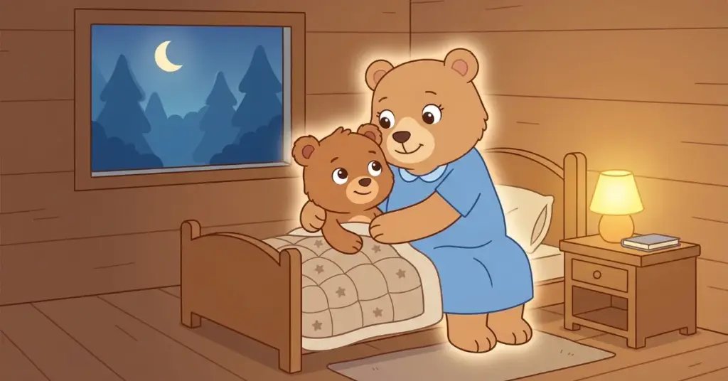 Histórias infantis o ursinho do abraço quente, ursinho Nico sendo abraçado por sua mãe no quarto à noite aprendendo a vencer o medo com carinho