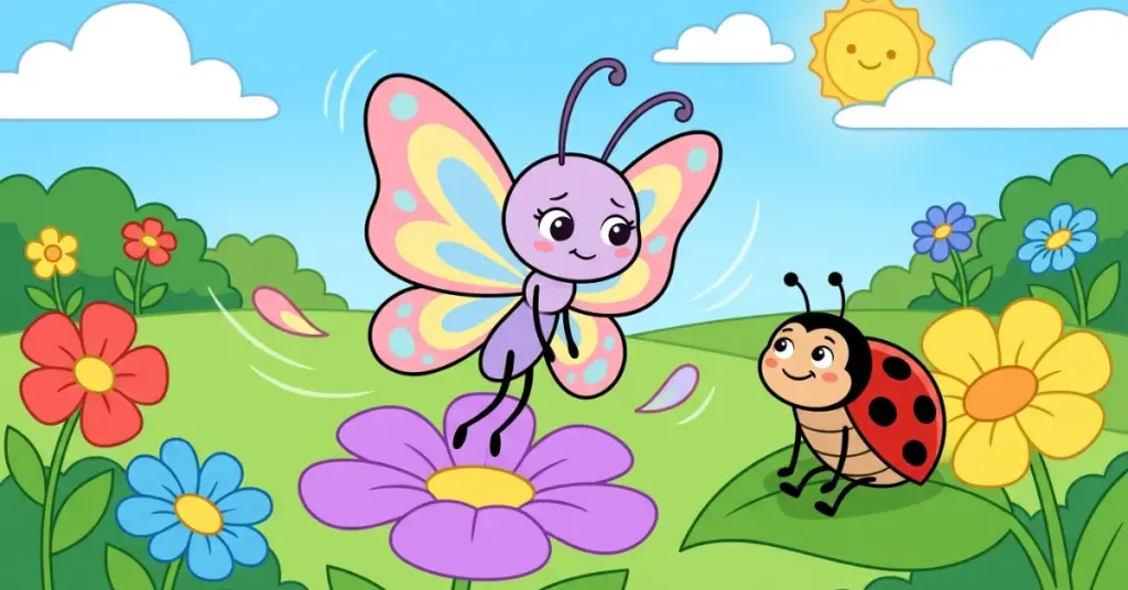 Ilustração infantil de borboleta com medo de voar aprendendo a ter coragem com joaninha em jardim colorido