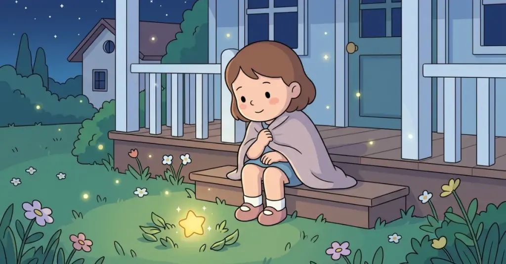 Historinhas infantis a estrelinha do quintal, menina Clara sentada na varanda à noite observando pequena estrela brilhando no jardim com manta nos ombros