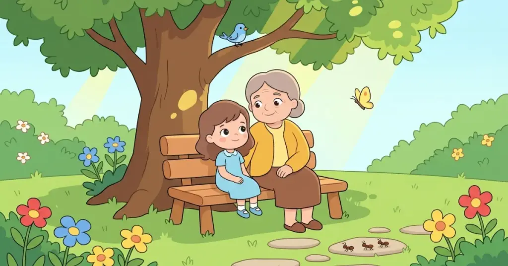 Historinhas infantis a menina e o jardim silencioso, menina Sofia sentada com a avó em banco no jardim observando natureza em momento de calma