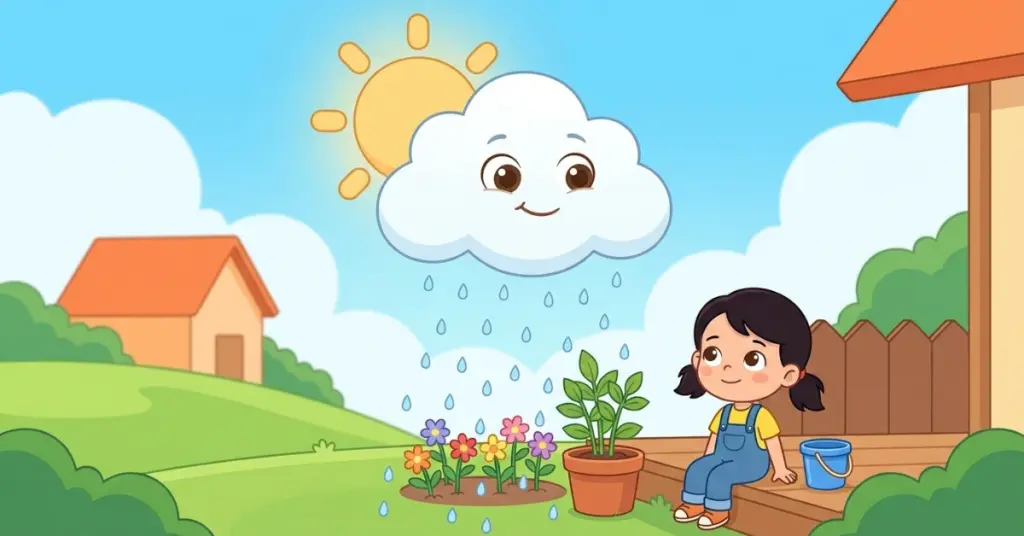 Ilustração infantil da nuvem Lili espalhando carinho com chuva delicada para menina no quintal, história sobre amor, cuidado e empatia