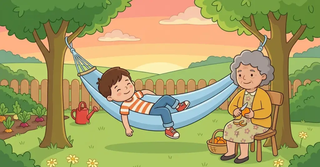 Historinhas infantis a rede da tarde dourada, menino Miguel descansando em rede entre árvores com a avó no quintal ao pôr do sol aprendendo a relaxar